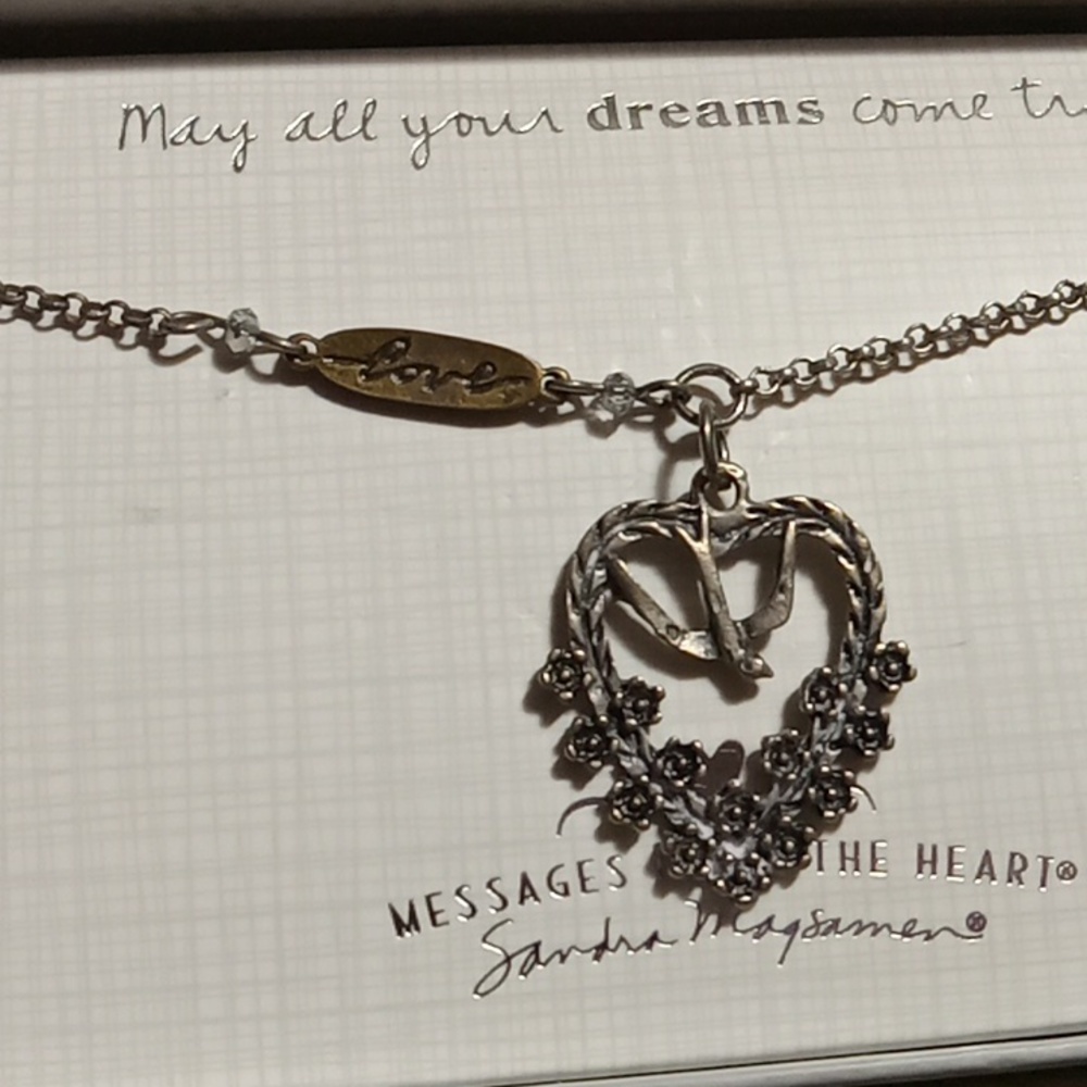 Sandra Magsamen Antiqued Silver Heart Dove Necklace